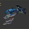 Blue Shark With Crystal Like Texture And Small Fish Floating In Group 3d model