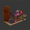 Wooden Stool With Curved Backrest Near Green Table On Patterned Rug