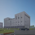 Modern Commercial Office Building With Glass Curtain Walls Trees Lawns And Parking