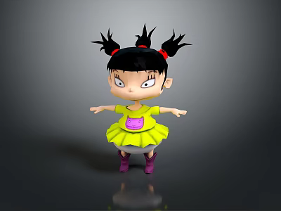 Cartoon Girl With Black Hair Three Braids Red Hair Ties Yellow Dress Purple Shoes 3d model