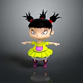 Cartoon Girl With Black Hair Three Braids Red Hair Ties Yellow Dress Purple Shoes