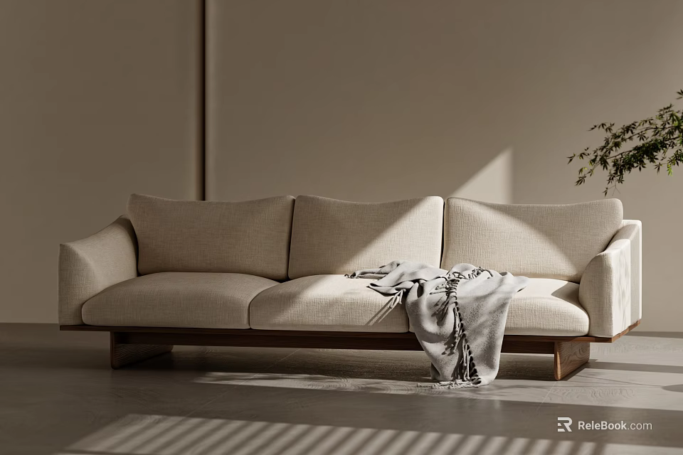 Beige Fabric Three Seater Sofa With Wooden Base And Draped Blanket In Sunlit Minimalist Interior 3d model 