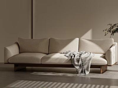 Beige Fabric Three Seater Sofa With Wooden Base And Draped Blanket In Sunlit Minimalist Interior 3d model