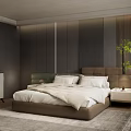 Modern Bedroom Interior With Upholstered Headboard Wooden Striped Wall Nightstands And Area Rug