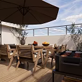 Elegant Villa Balcony Design Featuring Tiled Roof Outdoor Seating And Wooden Deck