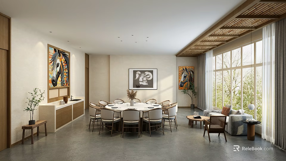 Elegant Private Dining Room With Round Table Chairs Artworks And Large Windows 3d model