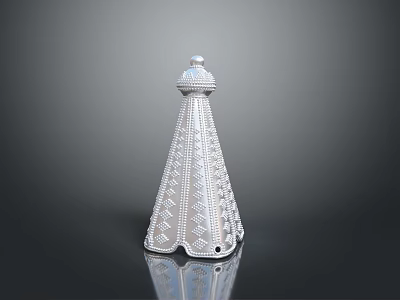 Silver Decorative Furniture Piece With Intricate Geometric Patterns And Pointed Top On Reflective Surface 3d model