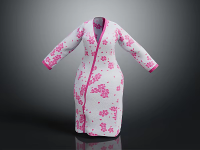 White Long Loose Fit Robe Featuring Pink Floral Patterns And Pink Trim Details 3d model