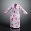 White Long Loose Fit Robe Featuring Pink Floral Patterns And Pink Trim Details