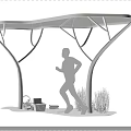 Modern Roadside Facility with Canopy Bicycle Parking Table and Runner in Green Surroundings