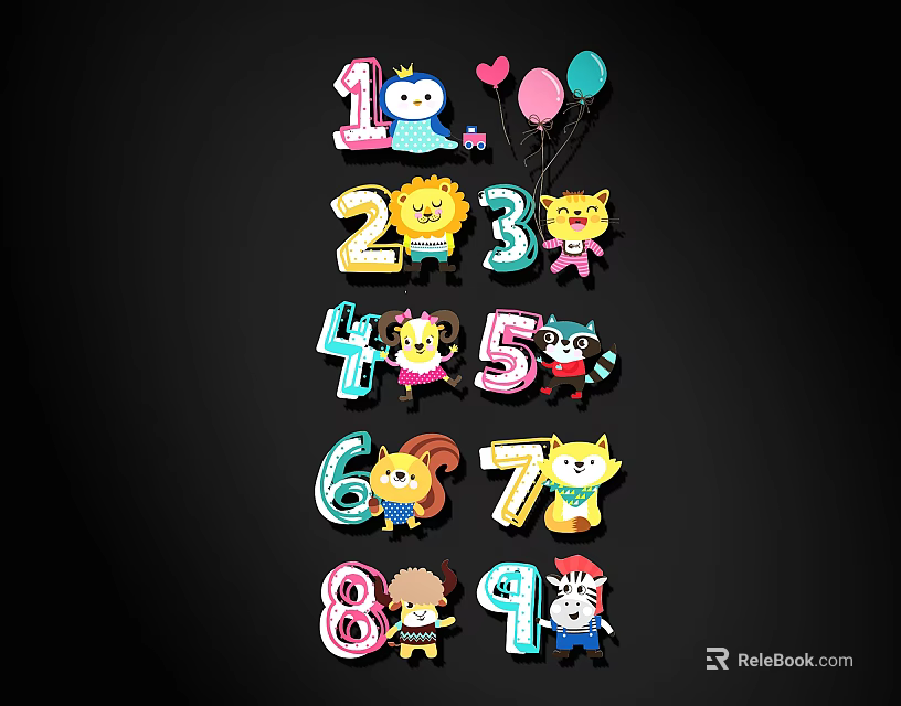 Colorful Numbers 1 to 9 Cartoon Characters Decorative Ornament Set with Balloons and Hearts 3d model 