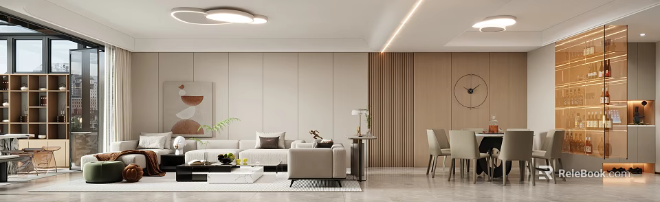 Modern Living And Dining Room Interior With Beige Sofa Wooden Accent Wall And Pendant Lights 3d model 