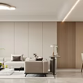Modern Living And Dining Room Interior With Beige Sofa Wooden Accent Wall And Pendant Lights