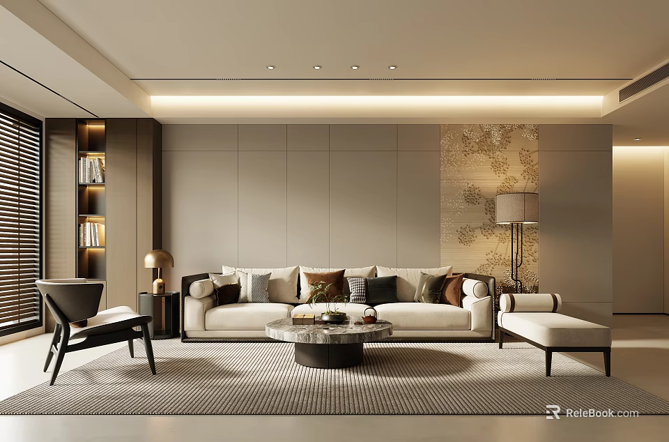 Elegant Modern Living Room Interior With Beige Sofa Coffee Table Area Rug And Floor Lamp 3d model 