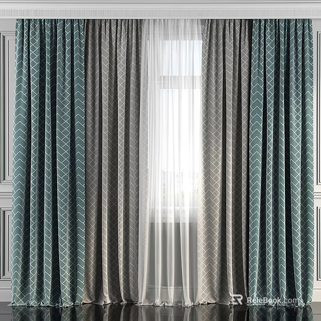 Teal Geometric Pattern Curtains With Layered Sheer And Natural Light In Interior 3d model 