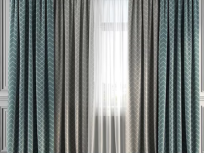 Teal Geometric Pattern Curtains With Layered Sheer And Natural Light In Interior 3d model