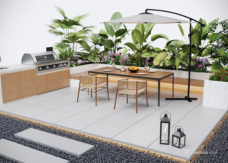 Patio Garden With Grill Wooden Cabinets Dining Table Chairs Umbrella Green Plants White Tiled Floor 3d model 