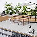 Patio Garden With Grill Wooden Cabinets Dining Table Chairs Umbrella Green Plants White Tiled Floor