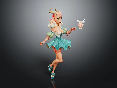 Blonde Haired Fantasy Game Character With Horns Wearing Light Blue Dress Holding Small Pink Object 3d model