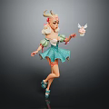 Blonde Haired Fantasy Game Character With Horns Wearing Light Blue Dress Holding Small Pink Object