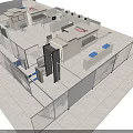 White Exhibition Booth With Open Design Multiple Display Counters Blue Accents And Fencing