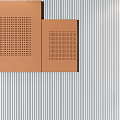 Gray Stripe Background Wall Featuring Orange Perforated Panels And White Cabinets Pendant Lights 3d model