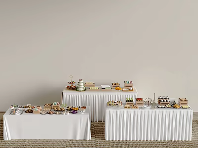 Elegant Banquet Hall With Long White Tablecloths And Dessert Food Display Setup 3d model
