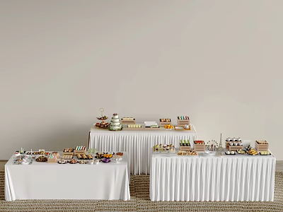Elegant Banquet Hall With Long White Tablecloths And Dessert Food Display Setup 3d model