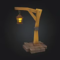 Wooden Street Lamp Design With Curved Arm Hanging Yellow Lantern And Brick Base Foundation