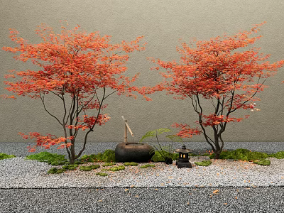 Red Maple Trees Against Gray Wall With Gravel Moss Stone Urn And Small Lantern 3d model