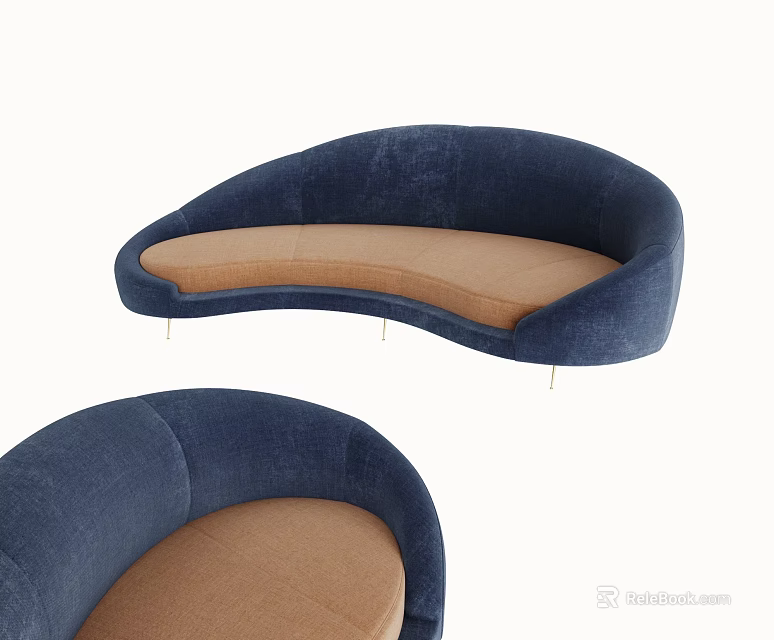Curved Navy Blue Sectional Sofa with Brown Velvet Upholstery and Metal Legs Modern Design 3d model 