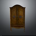 Antique Wooden Cabinet With Double Doors Circular Inlays And Bottom Drawer