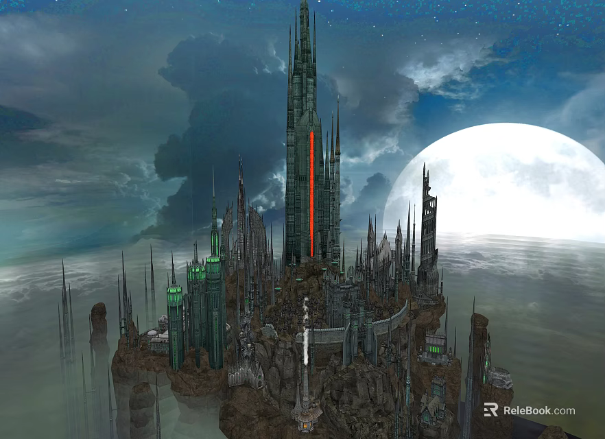 Mystical Fantasy Island Landscape With Tall Towers Giant Moon Starry Sky Clouds And Calm Water 3d model 