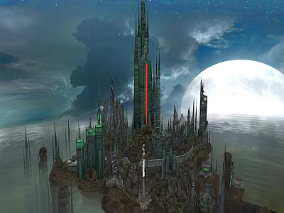 Mystical Fantasy Island Landscape With Tall Towers Giant Moon Starry Sky Clouds And Calm Water 3d model