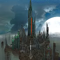 Mystical Fantasy Island Landscape With Tall Towers Giant Moon Starry Sky Clouds And Calm Water