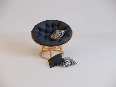 Navy Blue Round Lounge Chair With Rattan Frame And Patterned Cushions 3d model