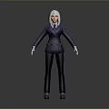 Professional Woman in Dark Business Suit with White Hair Standing Confidently