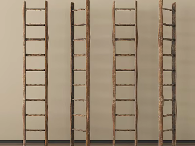 Four Wooden Ladders Lined Up Leaning Against Light Colored Wall 3d model