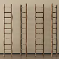 Four Wooden Ladders Lined Up Leaning Against Light Colored Wall 3d model