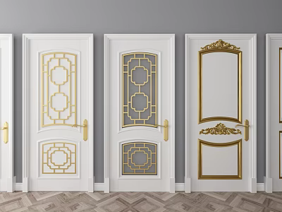 White Hinged Doors with Gold Accents Intricate Patterns and Elegant Handles Against Gray Walls 3d model
