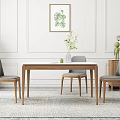 Modern Wooden Dining Table Set With Gray Chairs Green Plant And Wall Art
