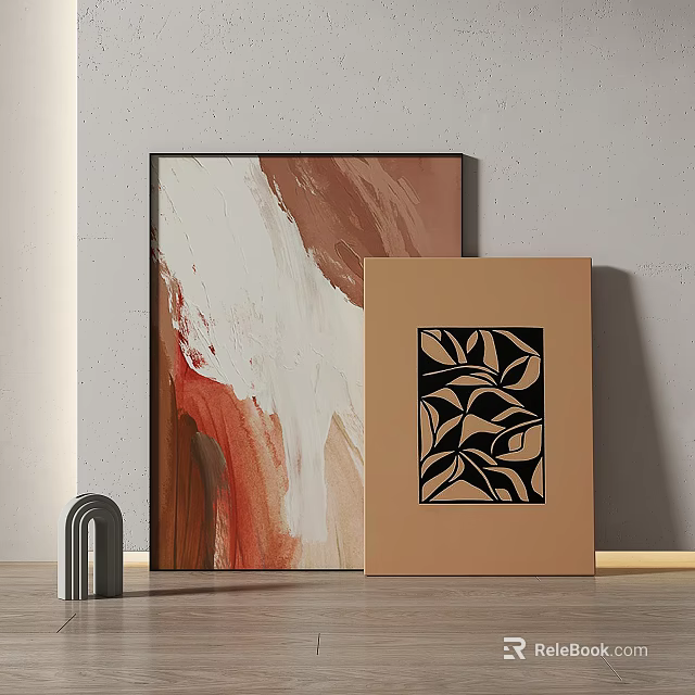 Wall Art With Abstract Red White Brown Painting And Geometric Leaf Pattern 3d model