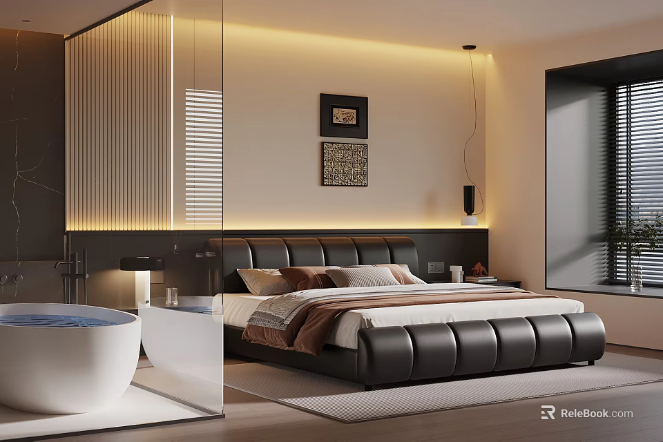 Modern Bedroom Interior Design With Black Leather Bed Illuminated Headboard And Artworks 3d model 