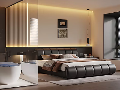 Modern Bedroom Interior Design With Black Leather Bed Illuminated Headboard And Artworks 3d model