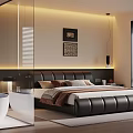 Modern Bedroom Interior Design With Black Leather Bed Illuminated Headboard And Artworks