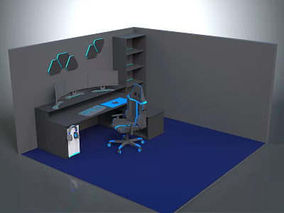 Modern Ergonomic Office Desk Interior With Blue Chair And Wall Shelves And LED Lights 3d model