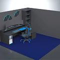 Modern Ergonomic Office Desk Interior With Blue Chair And Wall Shelves And LED Lights