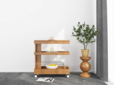 Wooden Three Tier Cart With Items And Potted Plant In Modern Interior 3d model