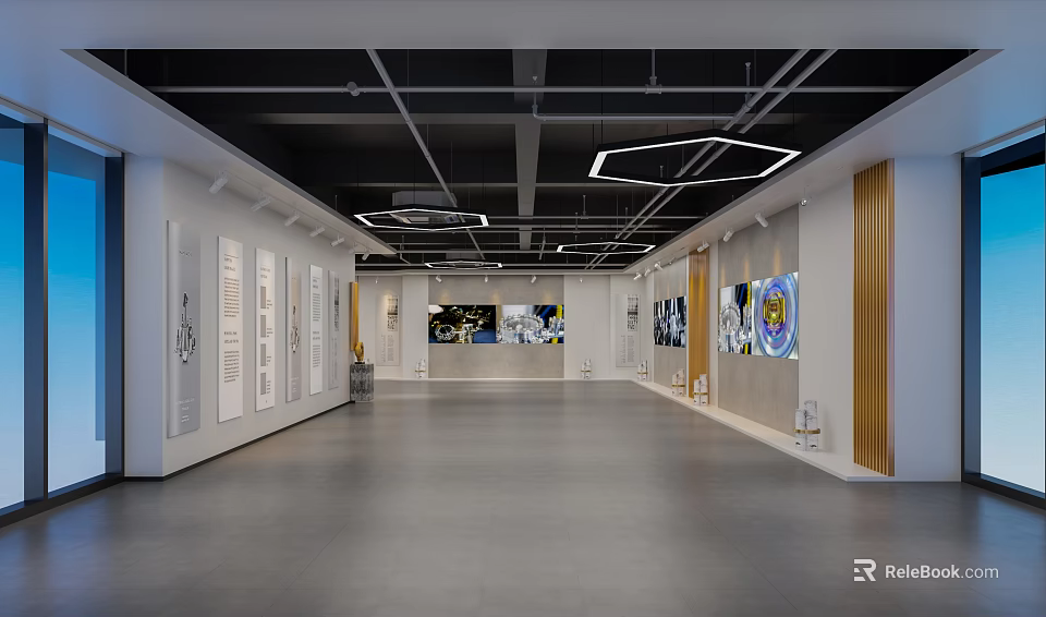 Contemporary Art Exhibition Hall Interior With Wall Artworks And Modern Ceiling Lights 3d model 