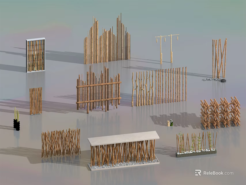 Various Wooden Garden Fences With Different Decorative Designs And Structures 3d model